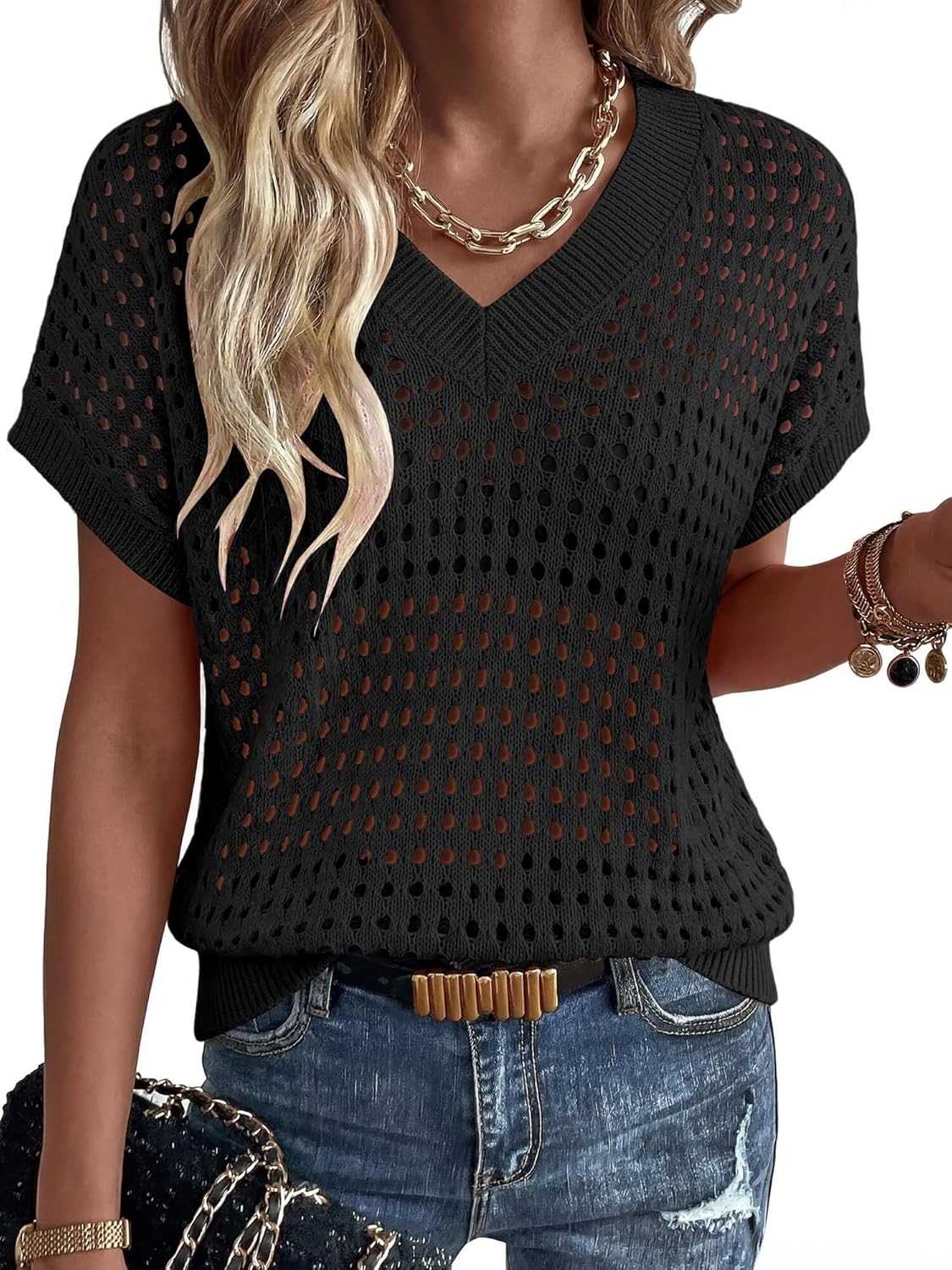 ONLYSHE Womens Summer Short Sleeve Shirts V Neck Crochet Knit Sweater Hollow Out Striped Tops Vacation Cover Ups Outfits