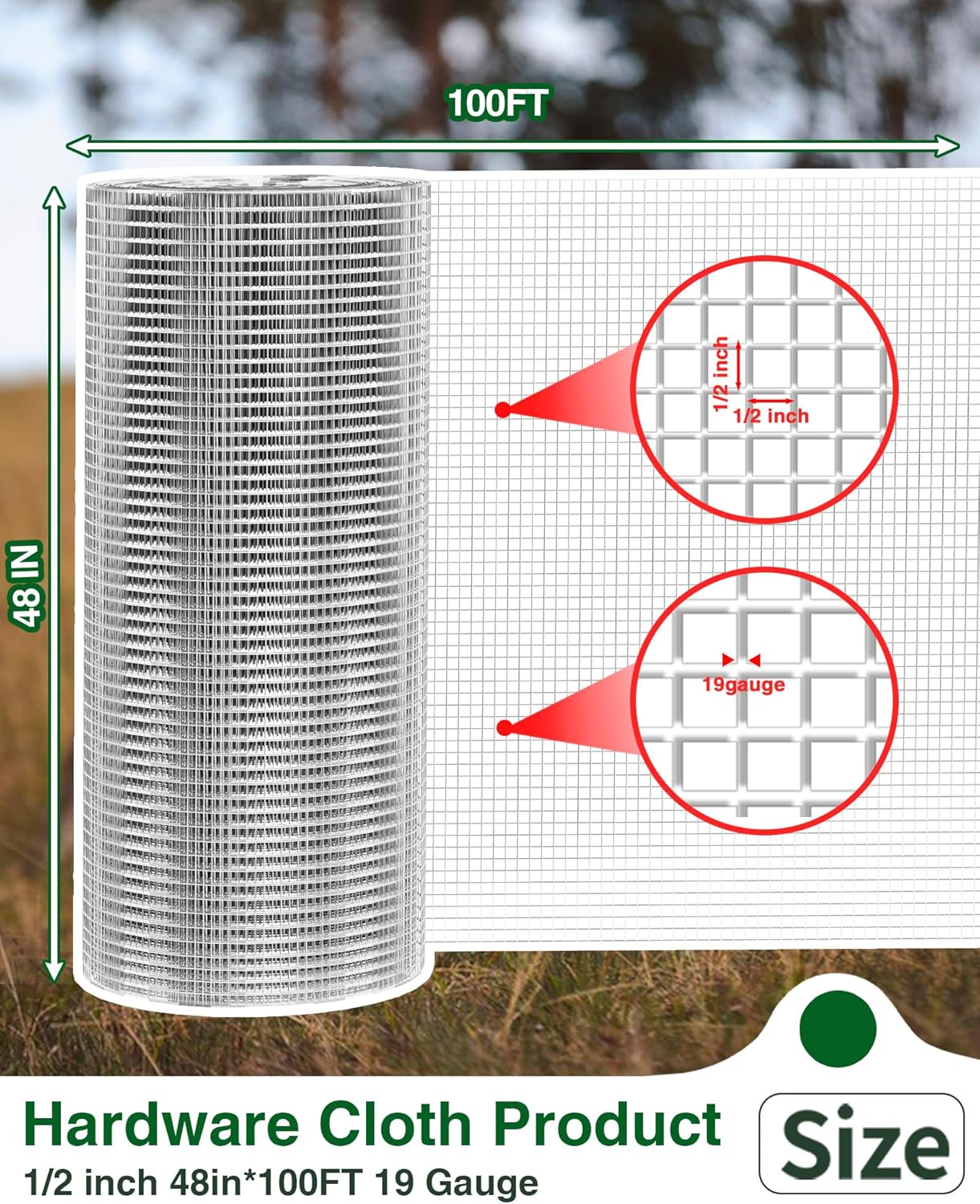 Pterying 1/2" x 48" x 100FT Silver Hardware Cloth - Hot-Dip Galvanized Chicken Wire Fencing, 19 Gauge Welded Wire Mesh Roll for Chicken Coop, Rabbit, Snake, Deer Fencing and Garden/Tree Protection