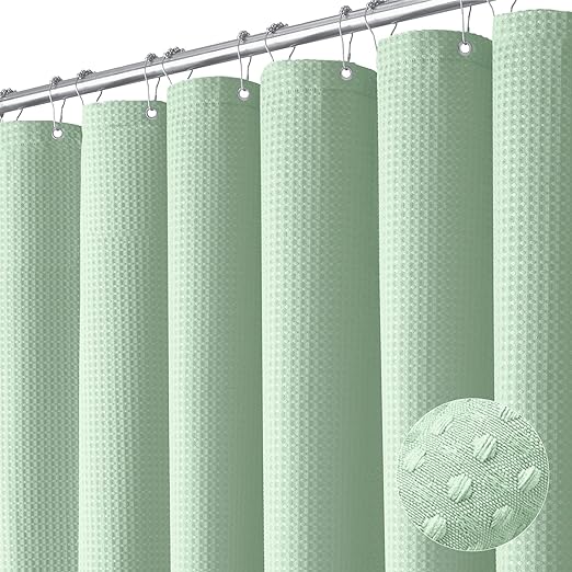Dynamene Mint Green Fabric Shower Curtain - Waffle Weave Textured Heavy Duty Cloth Shower Curtains for Bathroom, 256GSM Hotel Luxury Weighted Bath Curtain Set with 12 Hooks,72x72, Mint Green