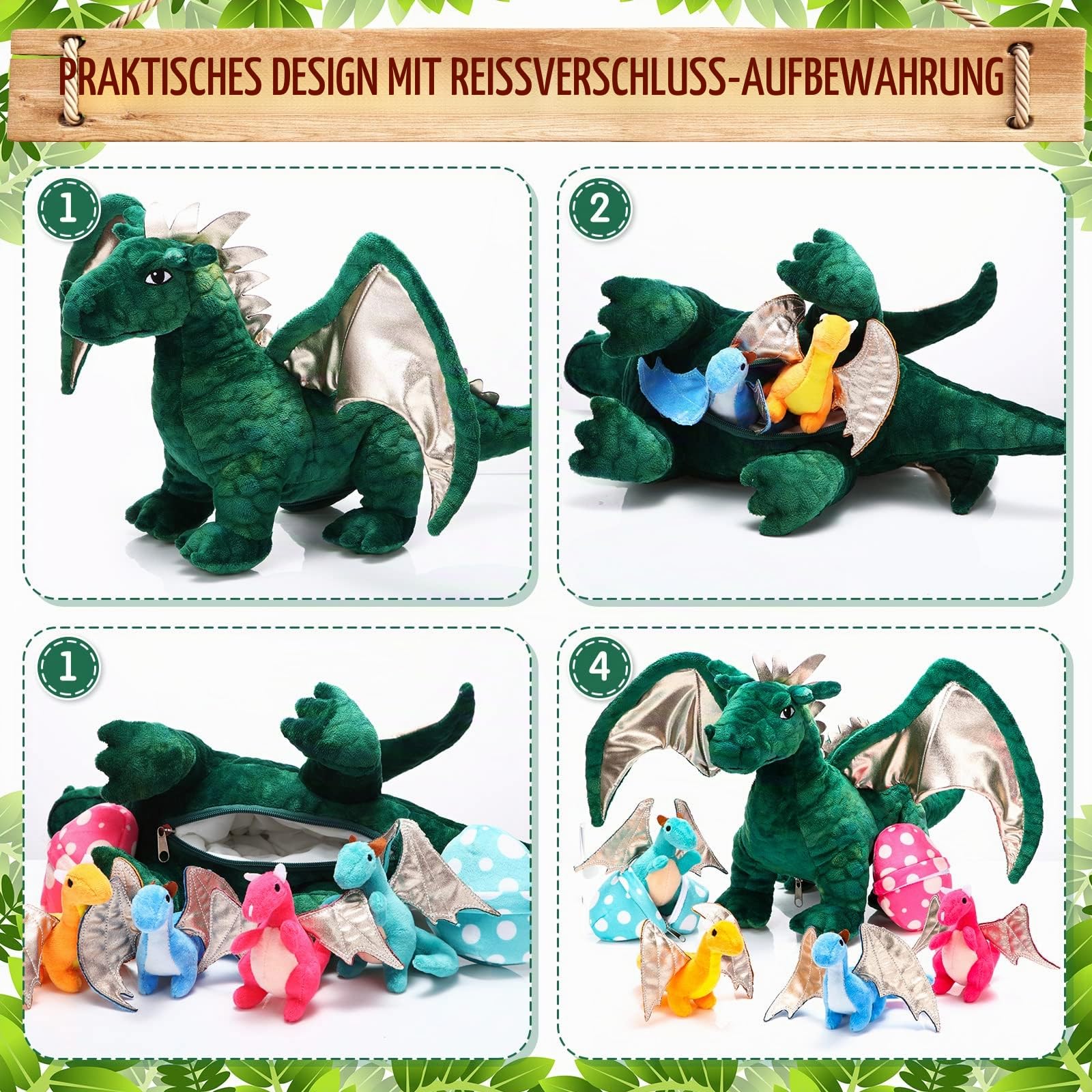 Zomiboo 7 Stück Stofftier Drachen Spielzeugset 40cm Großes Drache Kuscheltier mit 4 Baby-Plüschdrachen und 2 Eiern im Bauch Der Drachenmama Geburtstagsgeschenke für Teenager(Niedlicher Stil)