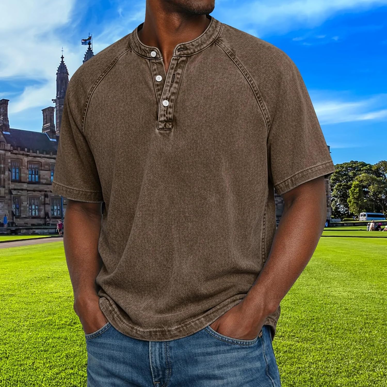 Mens Distressed Henley Shirts Summer Vintage Short Sleeve Button Up Solid Color Washed T Shirts Plain Casual Tees