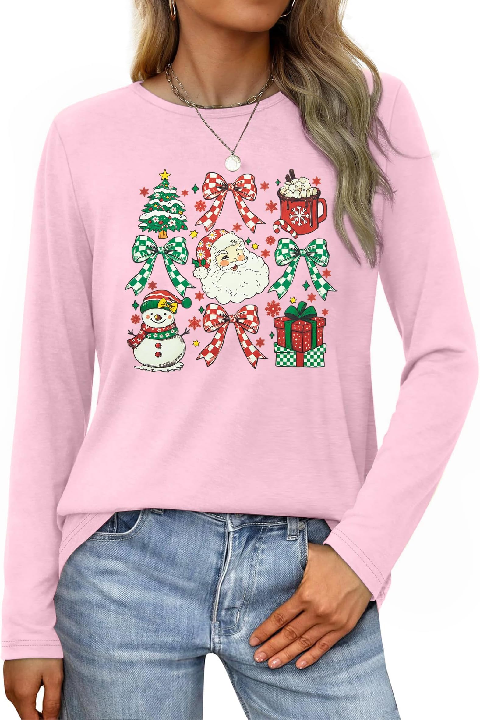 Merry Christmas Shirts for Women Santa Christmas Long Sleeve Shirt Xmas Holiday Party Blouse Tops
