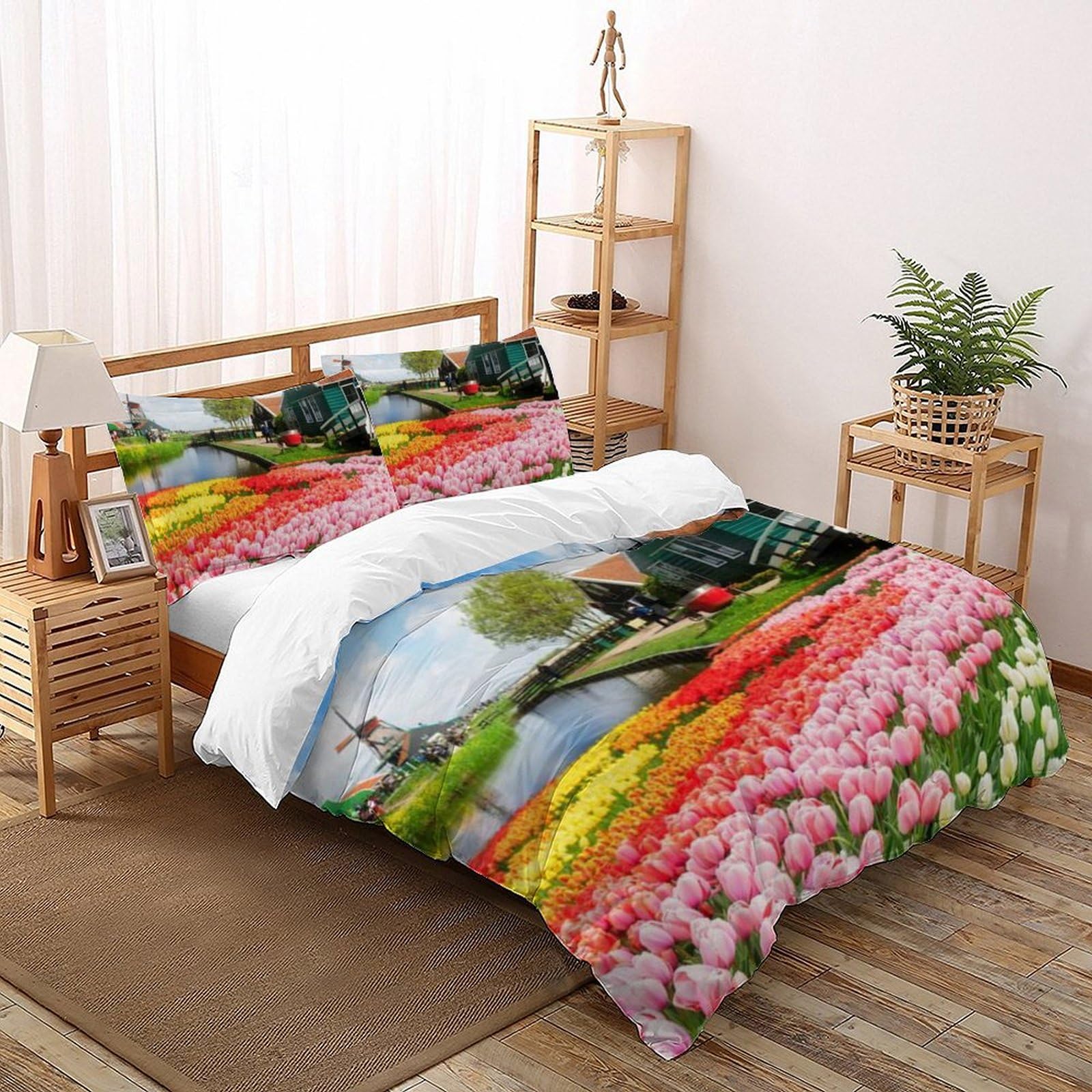 Housse de couette double microfibres fleurs et 2 taies d'oreiller 200x200