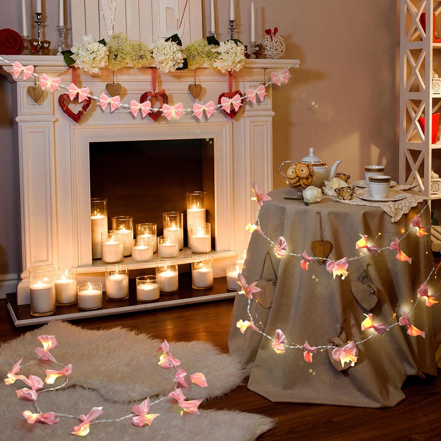 Mudder 6.5ft Pink Bow String Lights for Bedroom Coquette Decor Bow Party Decorations Battery Operate Pink Hanging Garland Banners for Bridal Shower Wedding Nursery Room Wall Decor