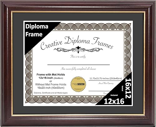 Creative Picture Frames Marco de diploma de borde dorado caoba de 12 x 16 pulgadas con vidrio negro y colgadores de pared instalados, marco con