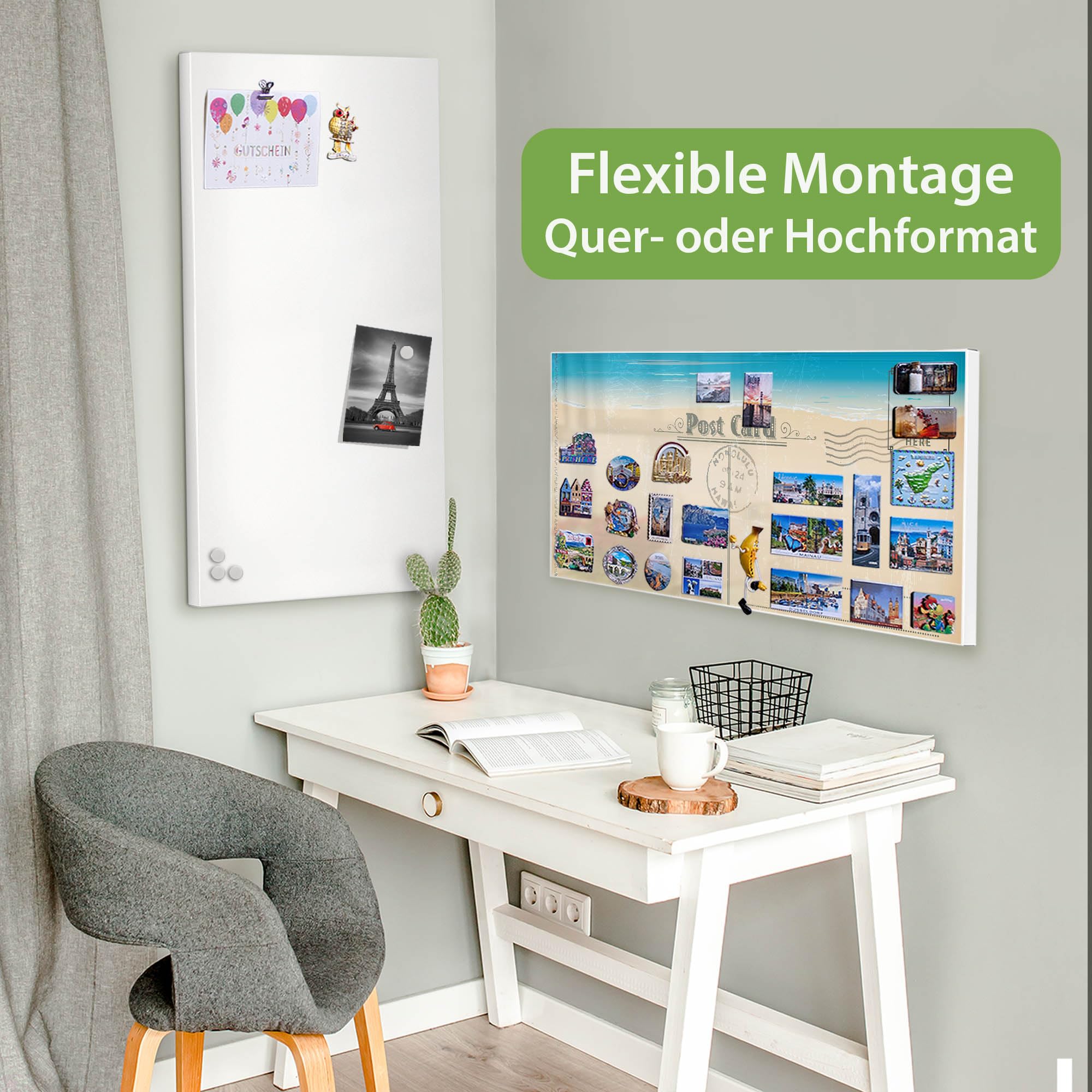 banjado Magnettafel Metall 78 x 37cm - beschreibbare Magnettafel - Metall Pinnwand als Memoboard - Magnetwand Küche, Büro, Kinderzimmer Weiß inkl. 4 Magnete & Montageset - Motiv Postkarte
