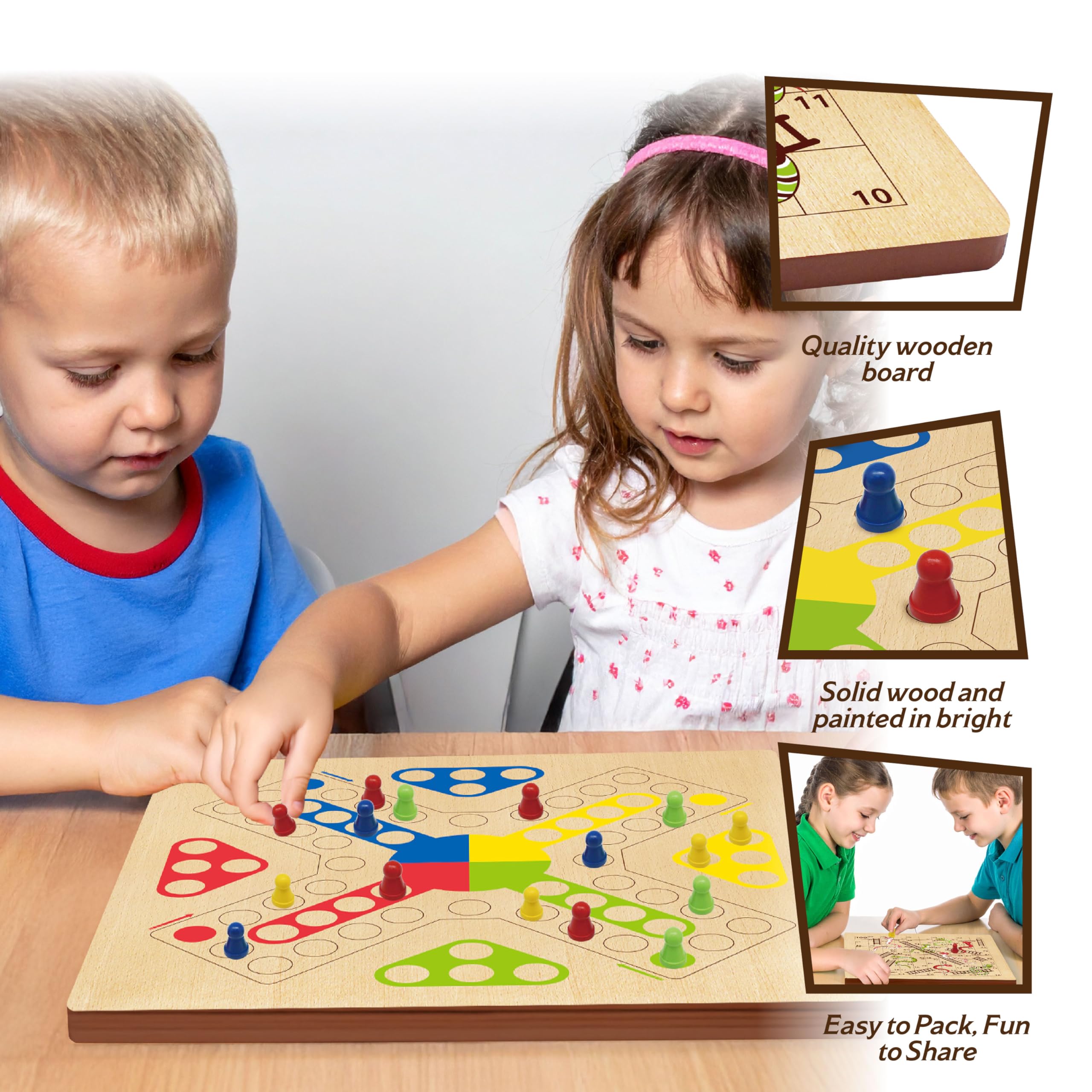 Wooden Snakes and Ladders + Ludo Board Game, 2-in-1 Classic Family Game for Home and Travel - Image 3