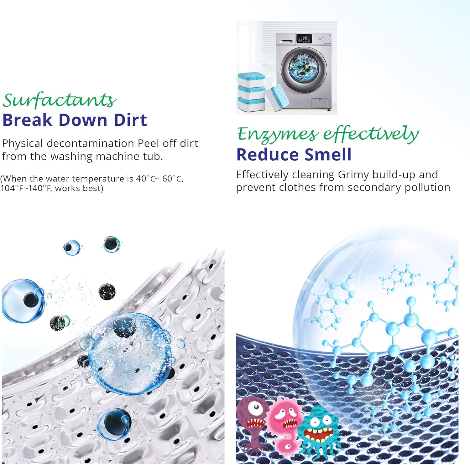 Kaitse Washing Machine Cleaner Effervescent Tablets, Solid Washer Deep Cleaning Tablet, Triple Decontamination Remover with Natural Biological Formula, for Front Load and Top Load Washers 30 Count : Health & Household