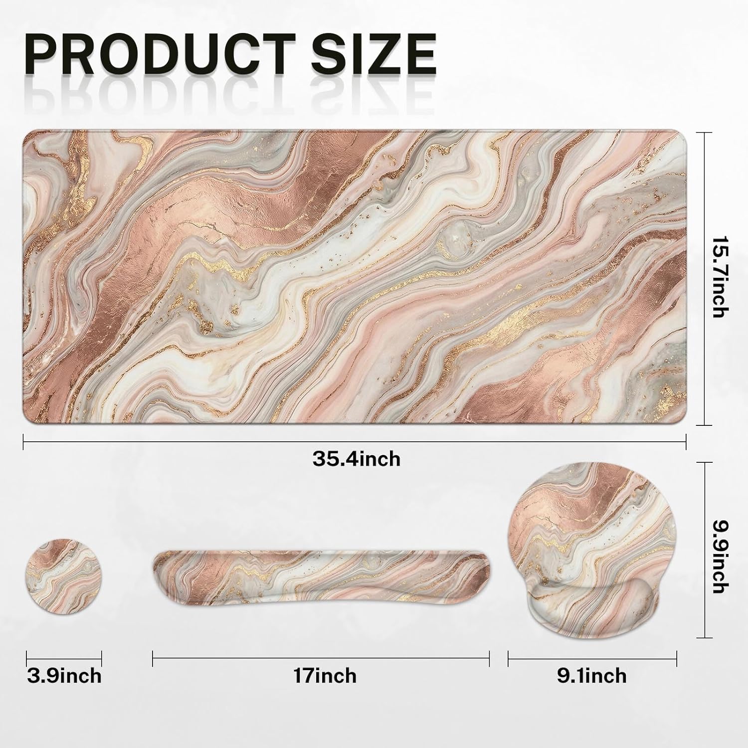 Britimes Marble Gold Pink Keyboard Mouse Pad Set Abstract Glitter 4in1 Large Mousepad+Keyboard Wrist Rest+Mouse Wrist Rest+Coaster Ergonomic Design for Home Office Computer 35.4x15.7 inches