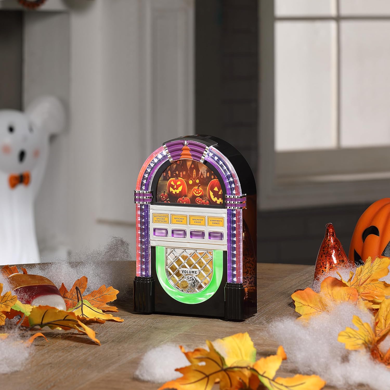 Mr. Halloween 9 in. Retro Jukebox Decoration – Battery Operated Vintage Halloween Tabletop Accent with LED Lights and 4 Spooky Music Tunes