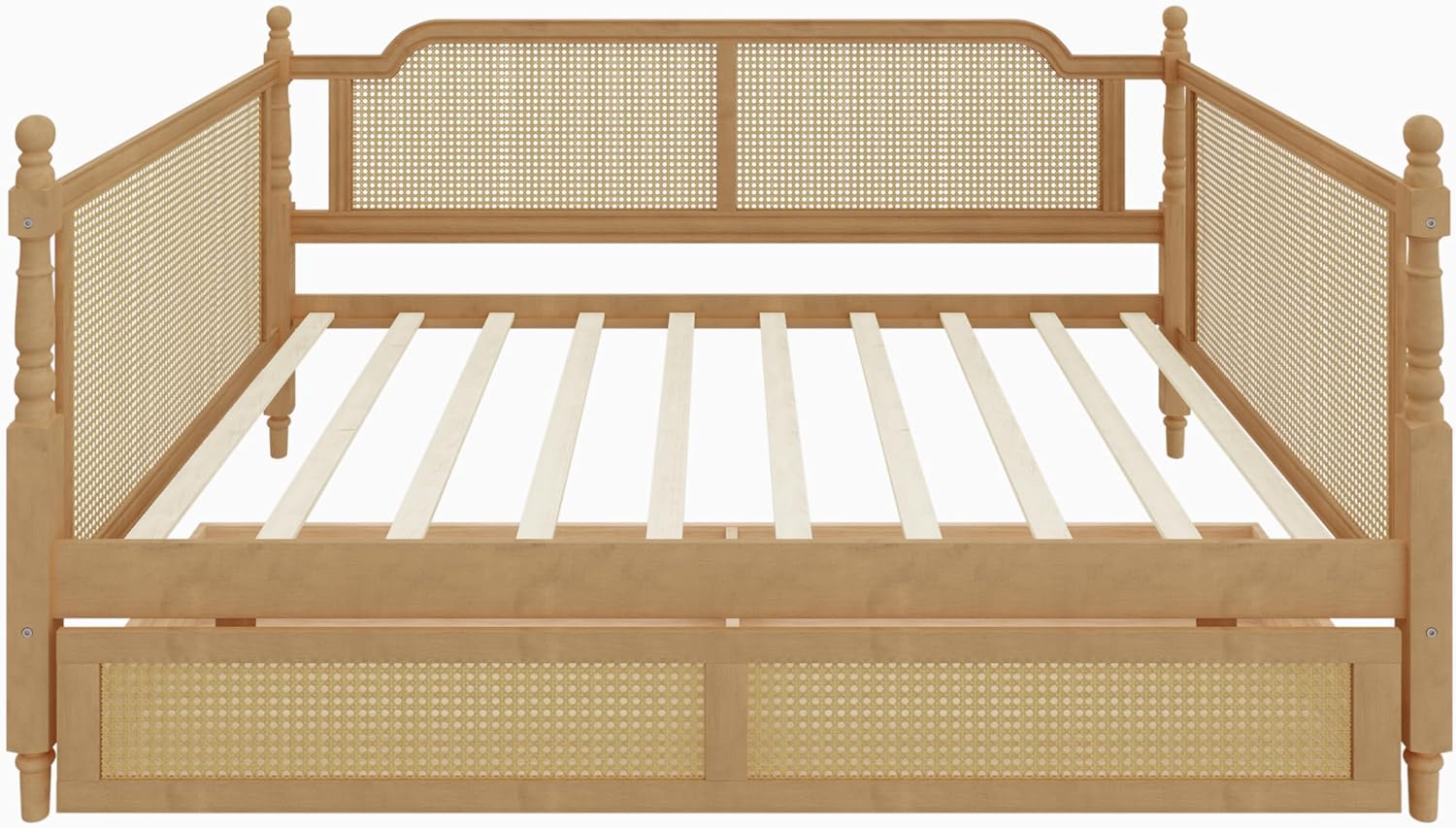 Traditional Style Rattan Full Size Daybed with 2 Drawers,Full Size Wood Daybed Frame for Limited Space, Guest Room,Bedroom, Dormitory, Apartment (Full +with 2 Drawers/Walnut)