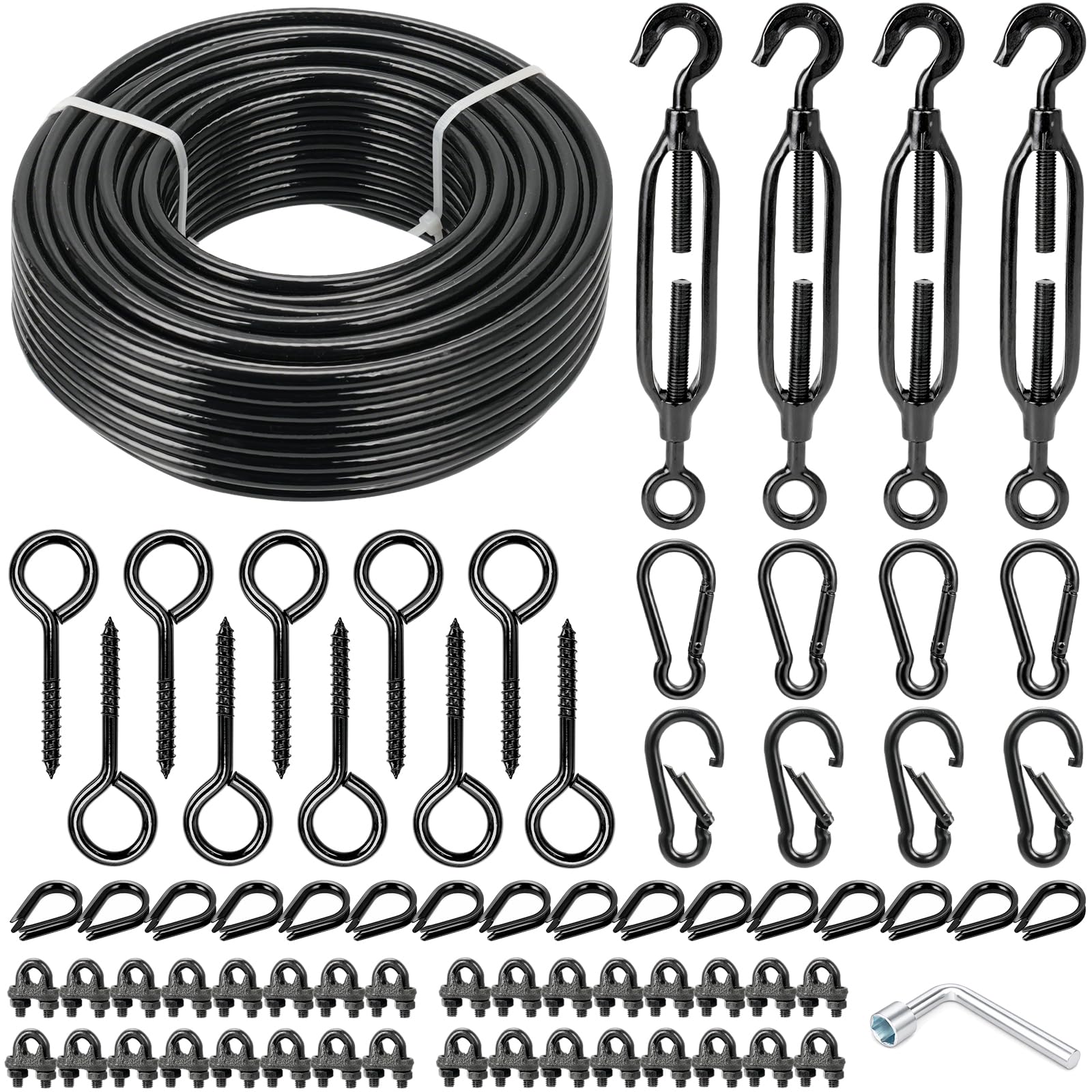 String Light Hanging Kit, All-Black Coated Steel Cable &amp; Fittings