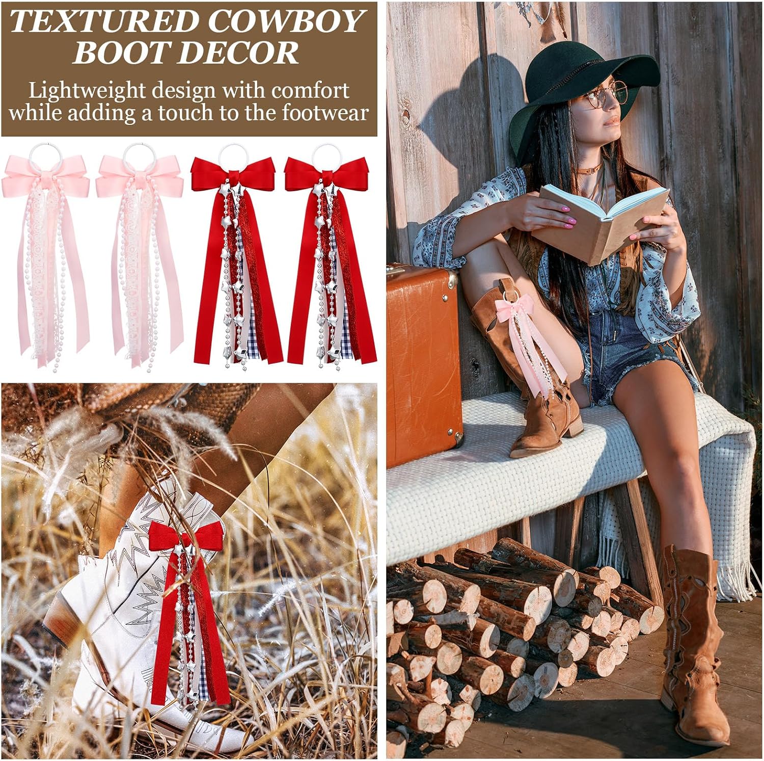 Norme 4 Pcs Bows for Cowgirl Boots Martin Cowboy Boot Accessories Western Satin Buffalo Plaid Bows with Glitter Pearl Lace DIY Shoe Costume Charms for Women Birthday Baby Shower Party