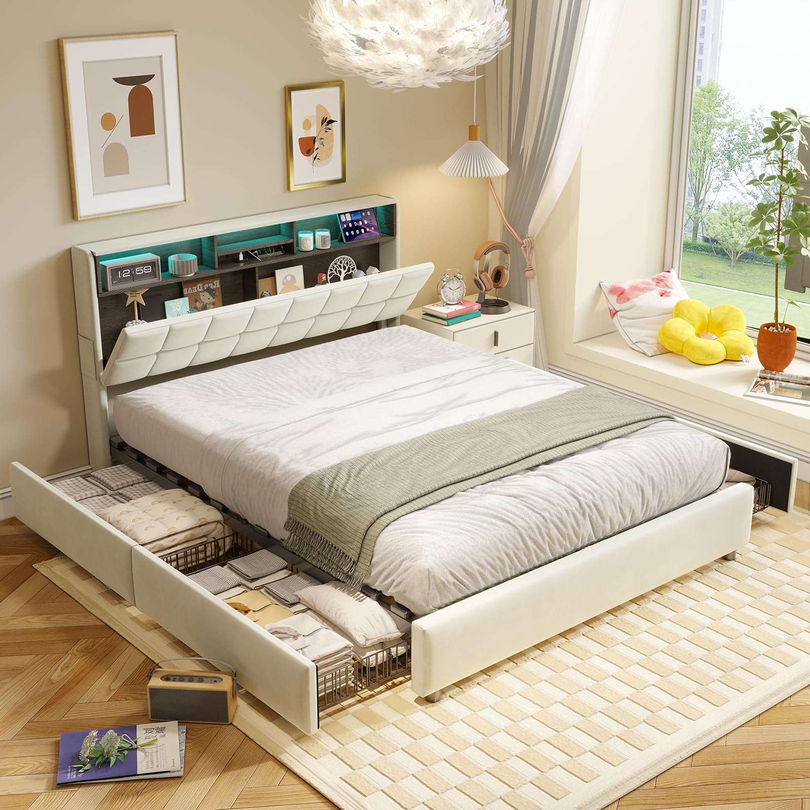 Camas Matrimoniales 160x200 con Luces LED y USB C, Cama Tapizada en Terciopelo con 4 Cajones y Cabecero Almacenaje Multifuncional,Somier Madera,Marco metálico,para Todas Las Edades(Beige-500KG