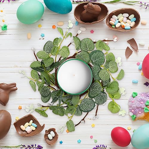 Miniatura 7 de HOMSFOU Anillos de vela de hojas de eucalipto artificiales, corona de vela de pilar para boda, fiesta, Pascua, decoración de Navidad, 2 unidades