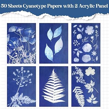 CZFLXLJ 50 Pcs Sun Art Paper Kit Cyanotype Paper, A5 Sun Printing Papers for SunPrinting, Light Sensitive Solar Photography Papers Kit for Kids DIY Crafts Project (5.8x8.3 Inch)