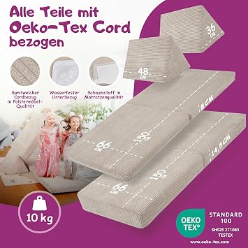 Linodino® Cord Play Sofa Children's Sofa Made of Foam Building Blocks Play Sofa for Children and Cuddly Corner in Child's Room Elven Magic Beige