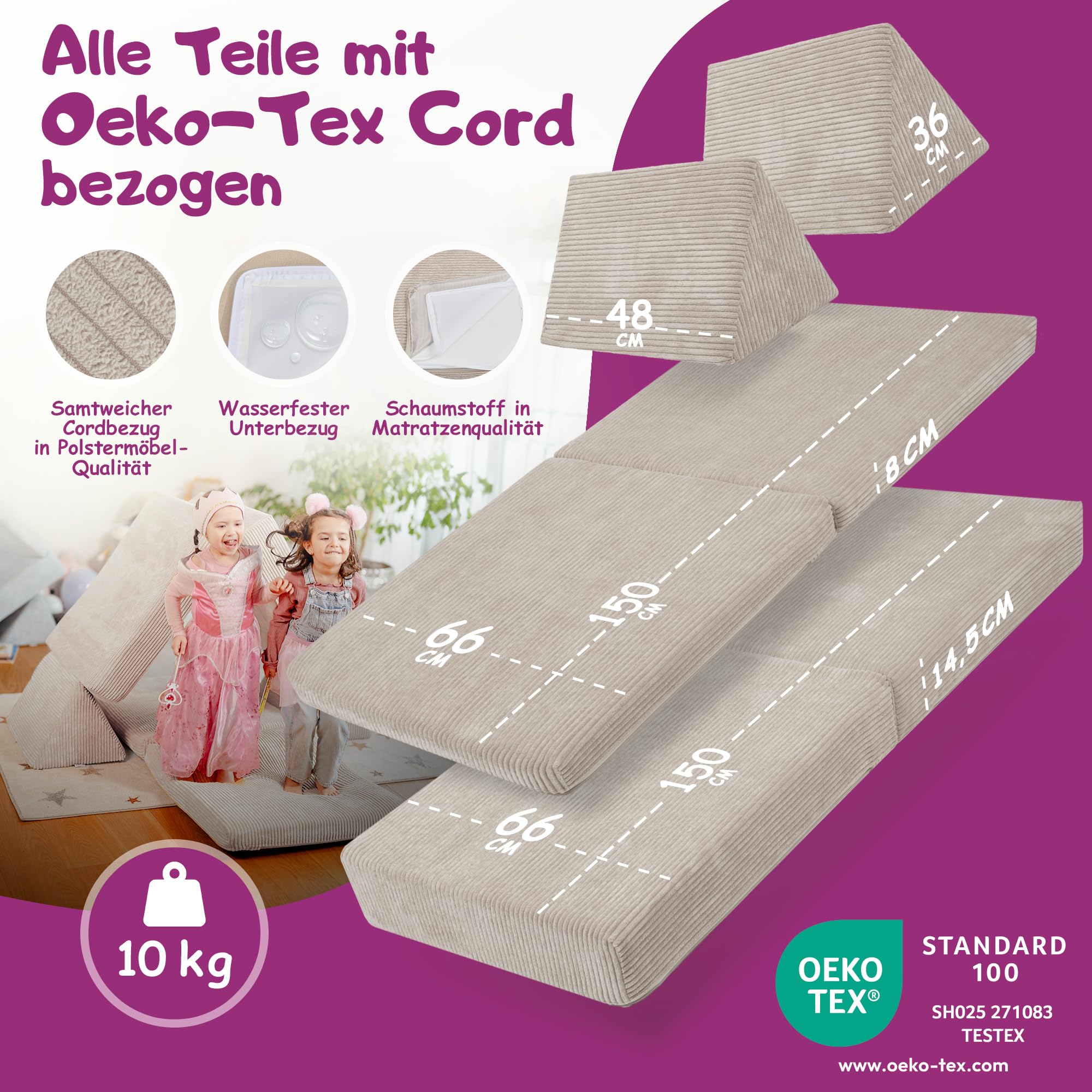 Linodino® Spielsofa Cord | Kindersofa aus Schaumstoff Bausteine - Spielsofa für Kinder & Kuschelecke im Kinderzimmer | Kindercouch | Oeko-TEX 100 Zertifiziert | Elfenzauber Beige