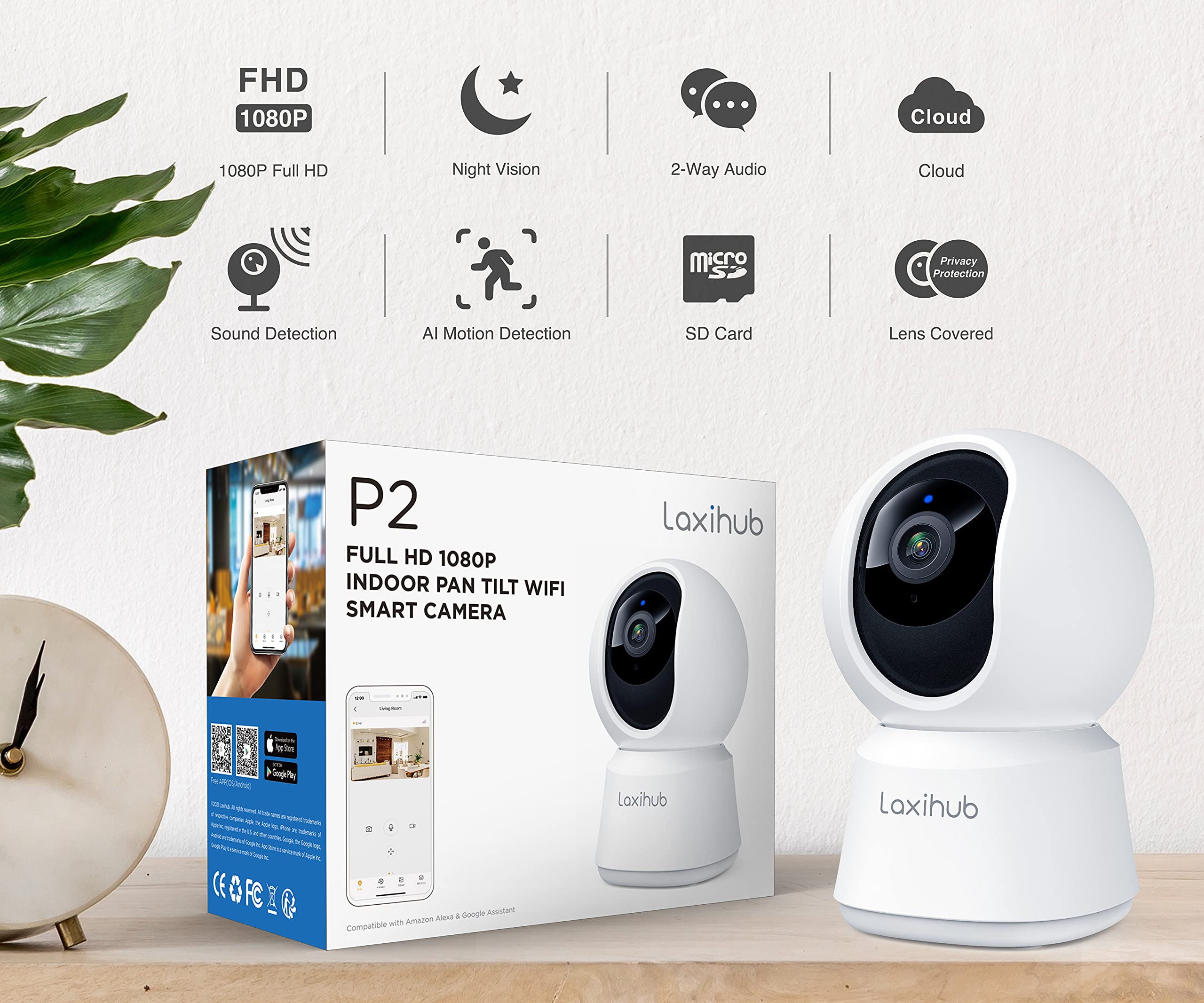 LAXIHUB 2.4GHz WiFi Cámara vigilancia Interior, PTZ 355° Camara para Perros en Casa, Telecamera Wi-Fi Interno Visión Nocturna, Audio Bidireccional, Compatible con Alexa y App Tuya