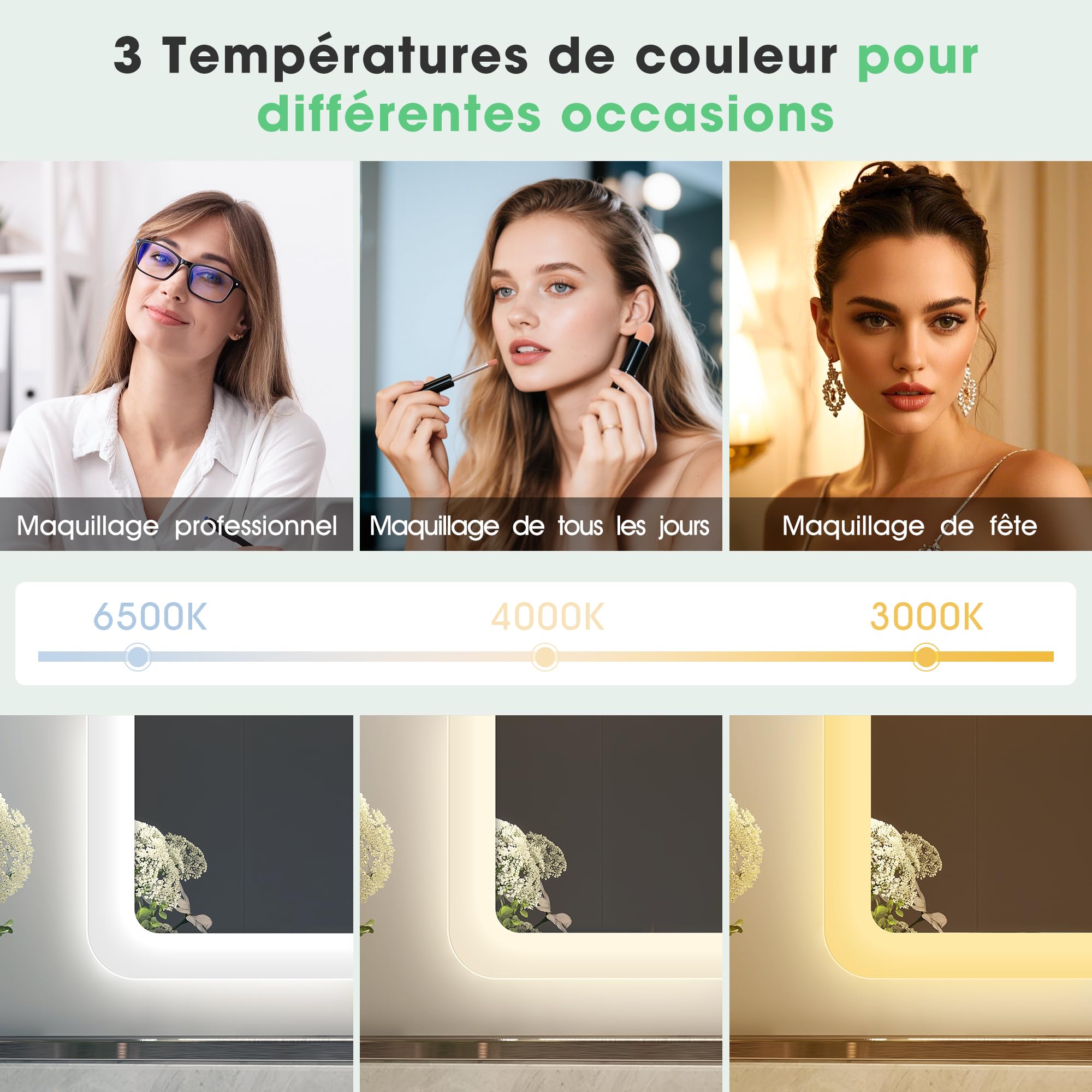 S'bagno Miroir-Salle-de-Bain-avec-Eclairage 120x70cm, Miroir-LED-Lumineux-avec-Bluetooth, Anti-buée, 3 Couleurs, Dimmable, Mémoire, Verre Trempé HD, Étanche IP44, Horizontal/Vertical