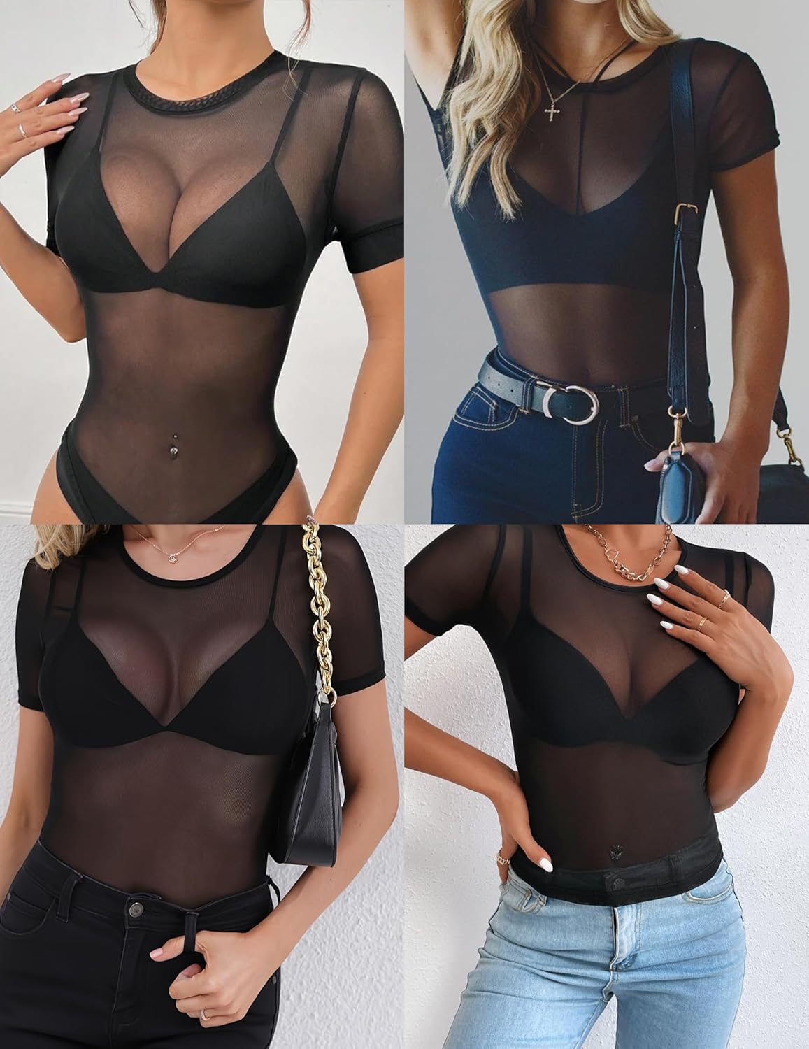 Mesh Top for Women Crew Neck Short Sleeve Mesh Shirt Sexy Fitted Sheer Mesh Tee Top - Image 5