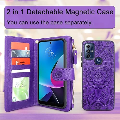 Miniatura 3 de Harryshell Funda de piel desmontable con cremallera magnética y bolsillo para monedas, 12 ranuras para tarjetas, correa de muñeca para Motorola Moto