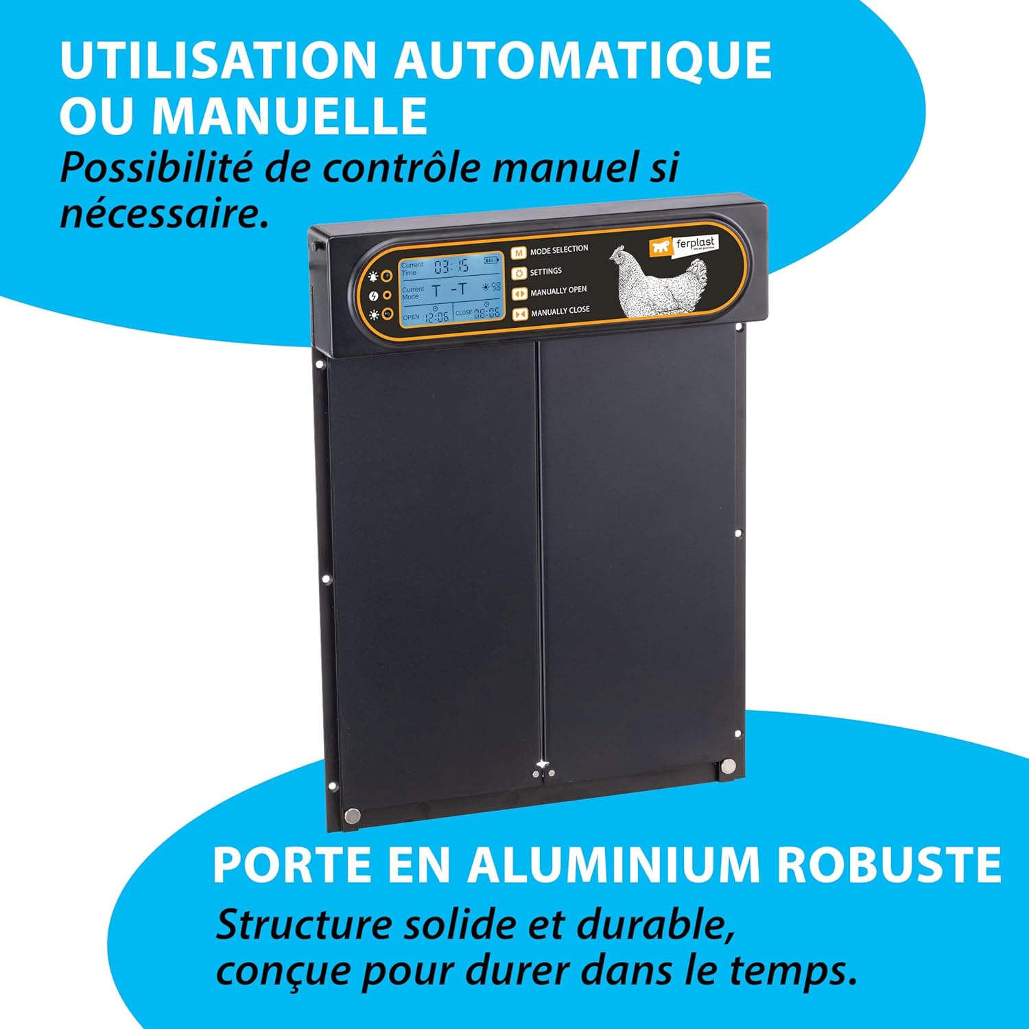 The Ferplast Coop Mate automatic chicken coop door in a closed position, showing the control panel for automatic or manual operation.