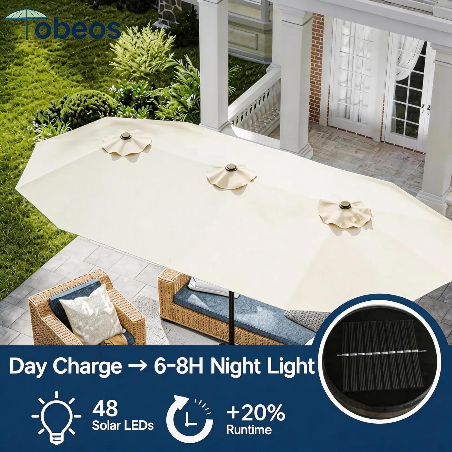 Large Patio Umbrella with Solar Lights and Base, Double-Sided Outdoor Rectangle Umbrella with 48 LED Lights, Market Table Umbrellas with UV Resistant Canopy
