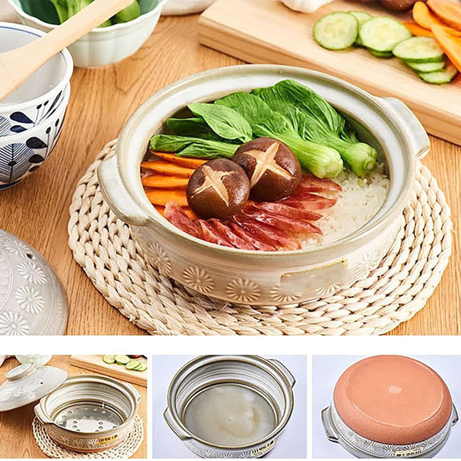 Cacerolas japonesas de barro con tapa, resistentes al calor, antiadherentes, for guisos y sopas(900ml)