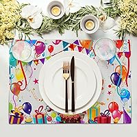 Vista 3 de Giwawa Juego de 4 manteles individuales decorativos de feliz cumpleaños, regalos de pastel de cumpleaños, banderas de colores, globos de confeti