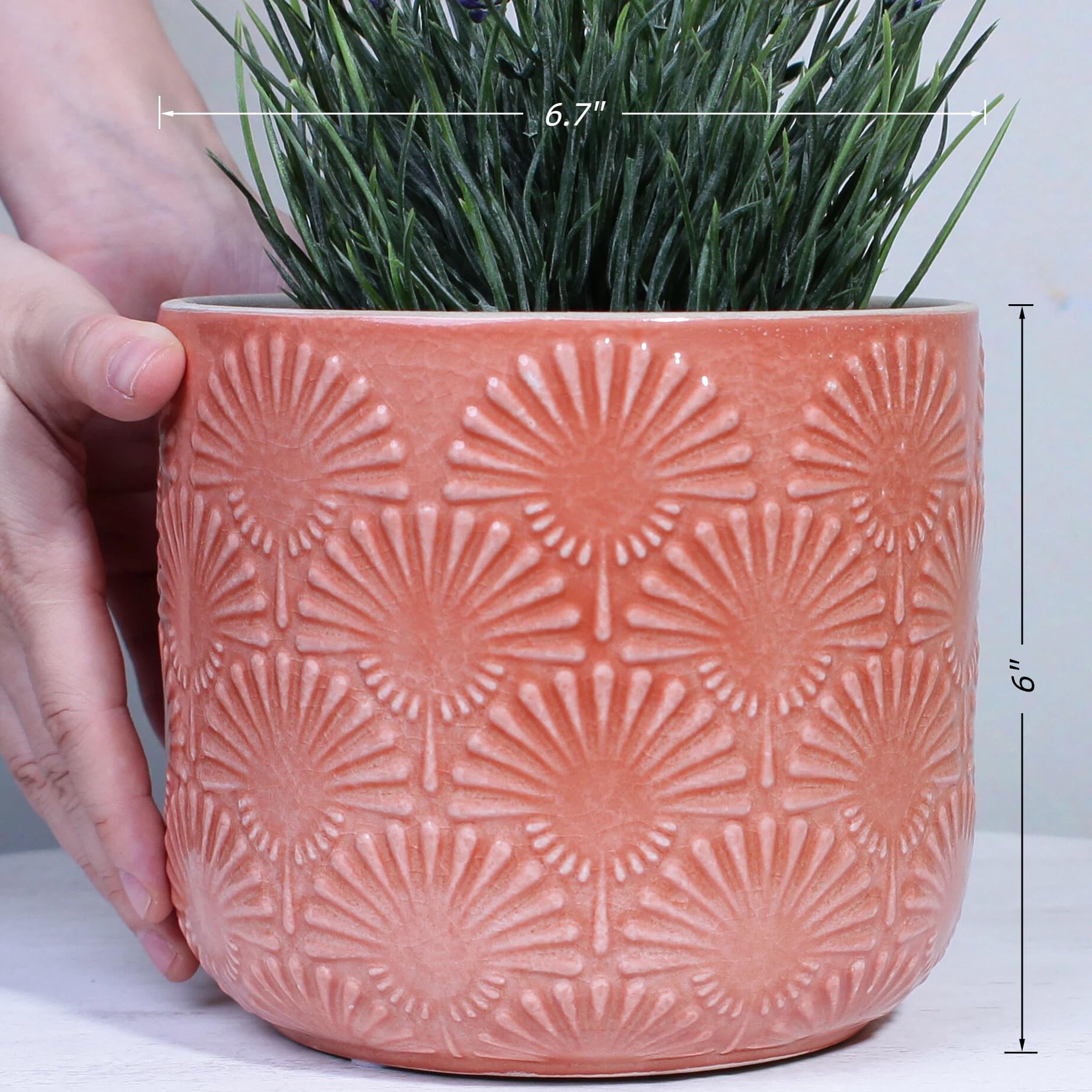Xiaan Jiaju Vaso da fiori in ceramica goffrata, stile bohémien, 17 cm, moderno, per piante da interno, vaso decorativo smaltato con motivo Fanburst, corallo rosa cipria