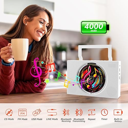 Miniatura 2 de Reproductor de CD portátil Boombox con Bluetooth - Reproductor de CD recargable con radio FM, USB, AUX, control remoto - Sistema de sonido estéreo