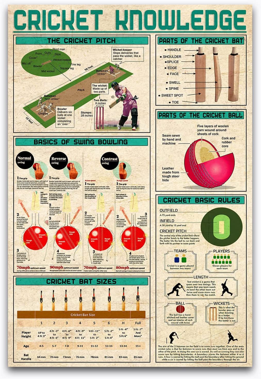 FJQWKLF Cricket Technology Tricks Infographics Club Posters Cricket Knowledge Metal Signs Home Room Wall Decor Plaques 12x16Inches
