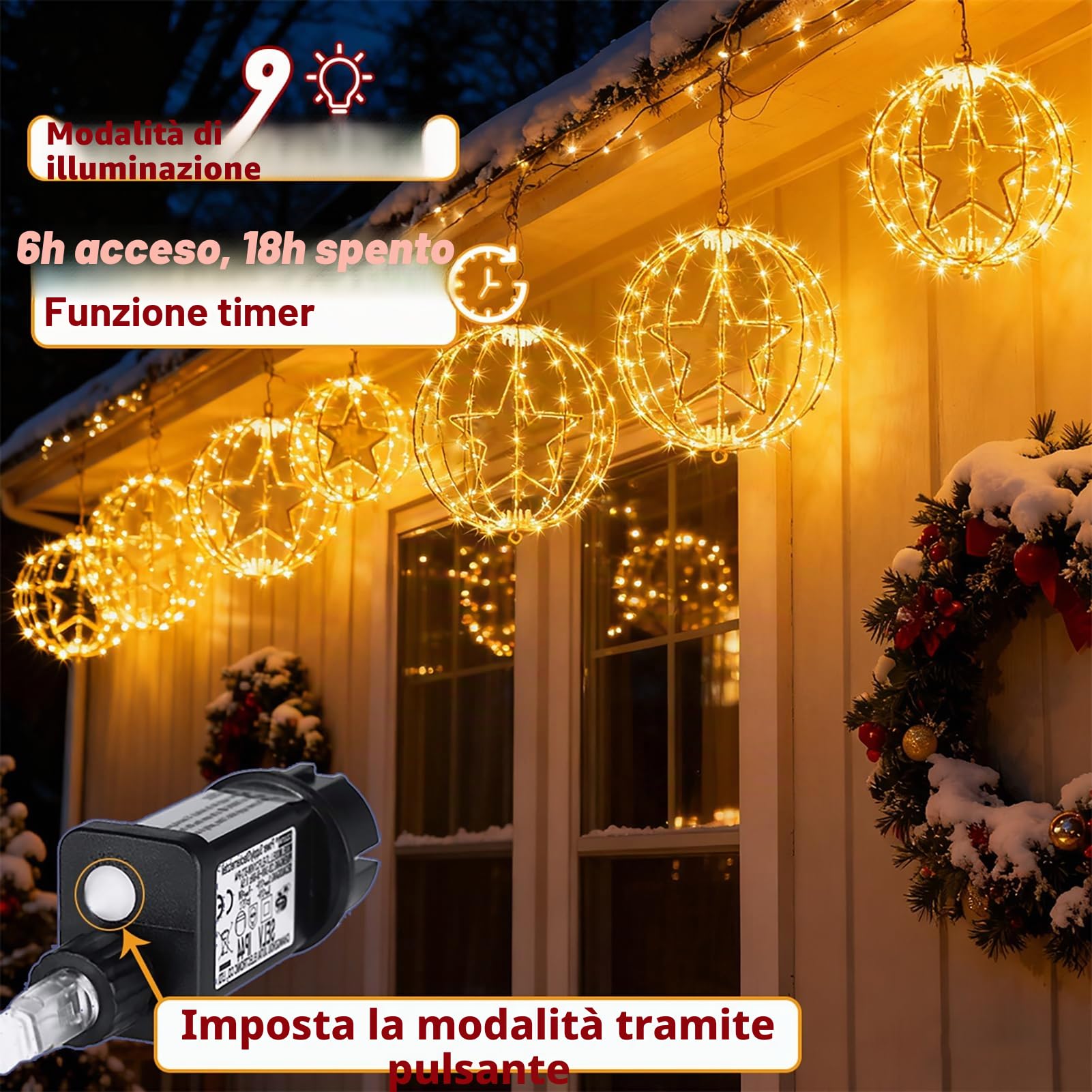 Yowin 2 Pezzi Luci Natale Esterno 30CM 200 LED Sfere Luminose Natalizie con Trasformatore, Timer, Stella di Natale 8 Modalità Palla Luminosa Natalizia Gigante per Interno Balcone - Telaio Bianco