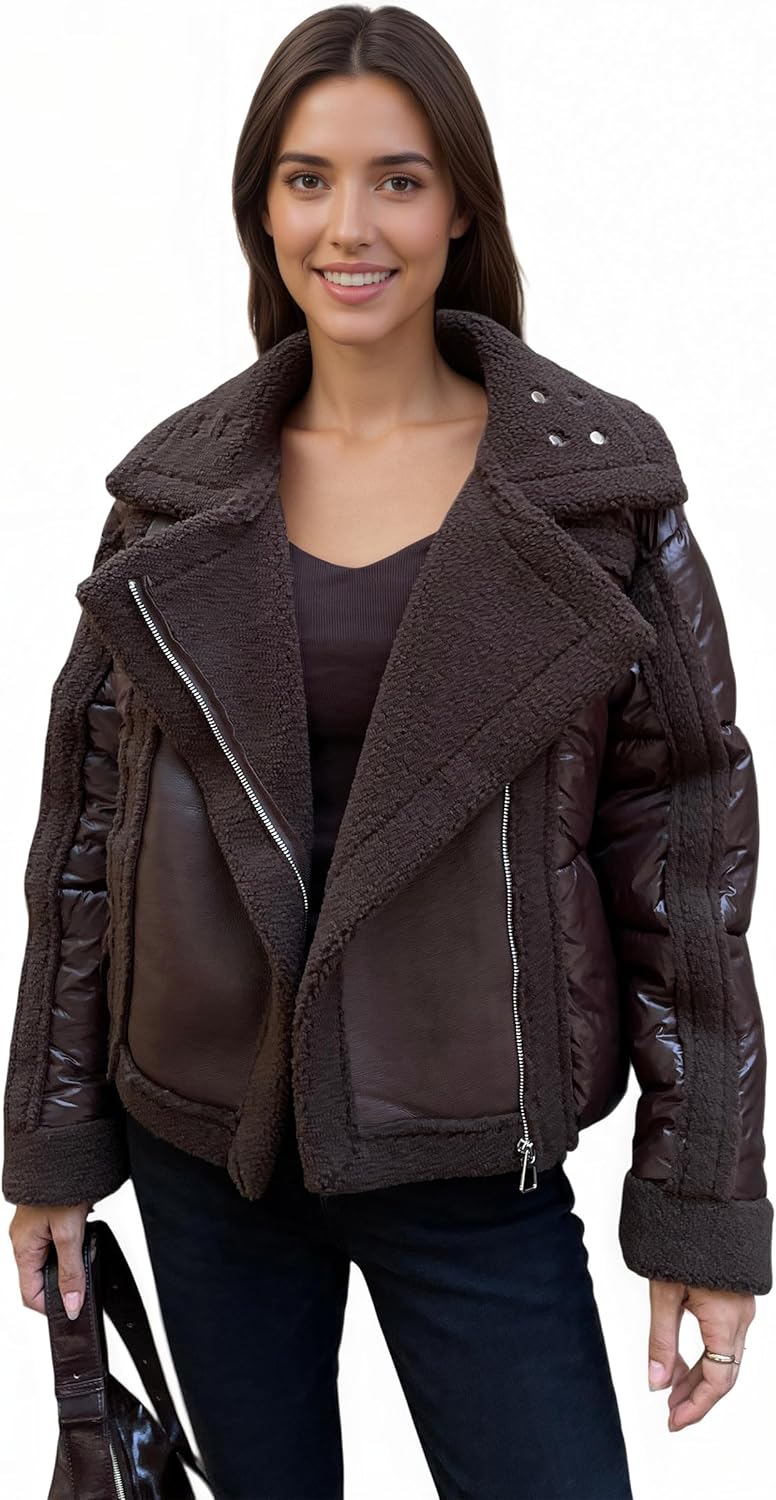 XULIKU Women Sherpa Fleece Lined Puffer Jacket, Quilted Winter Coat, Patchwork Style, Oversized Collar, Zip Front Closure