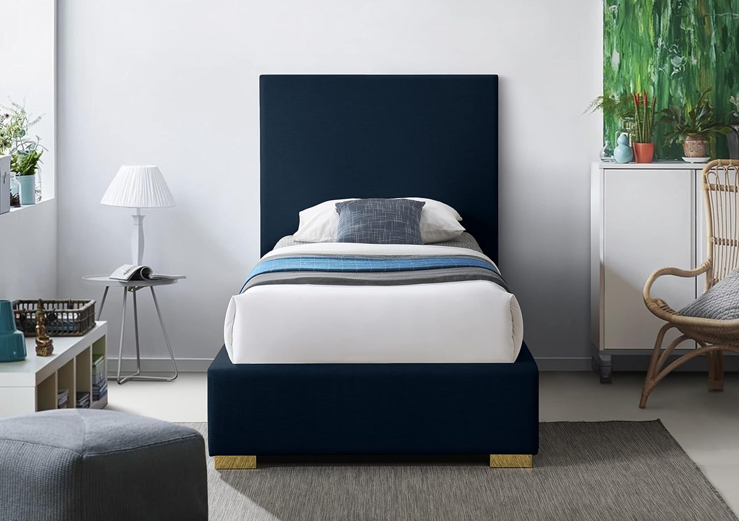 Meridian Furniture Crosby Collection Mid Century Modern Linen Textured Fabric Upholstered Bed with Minimalist Design, Both Gold and Chrome Legs Included, Twin, Navy