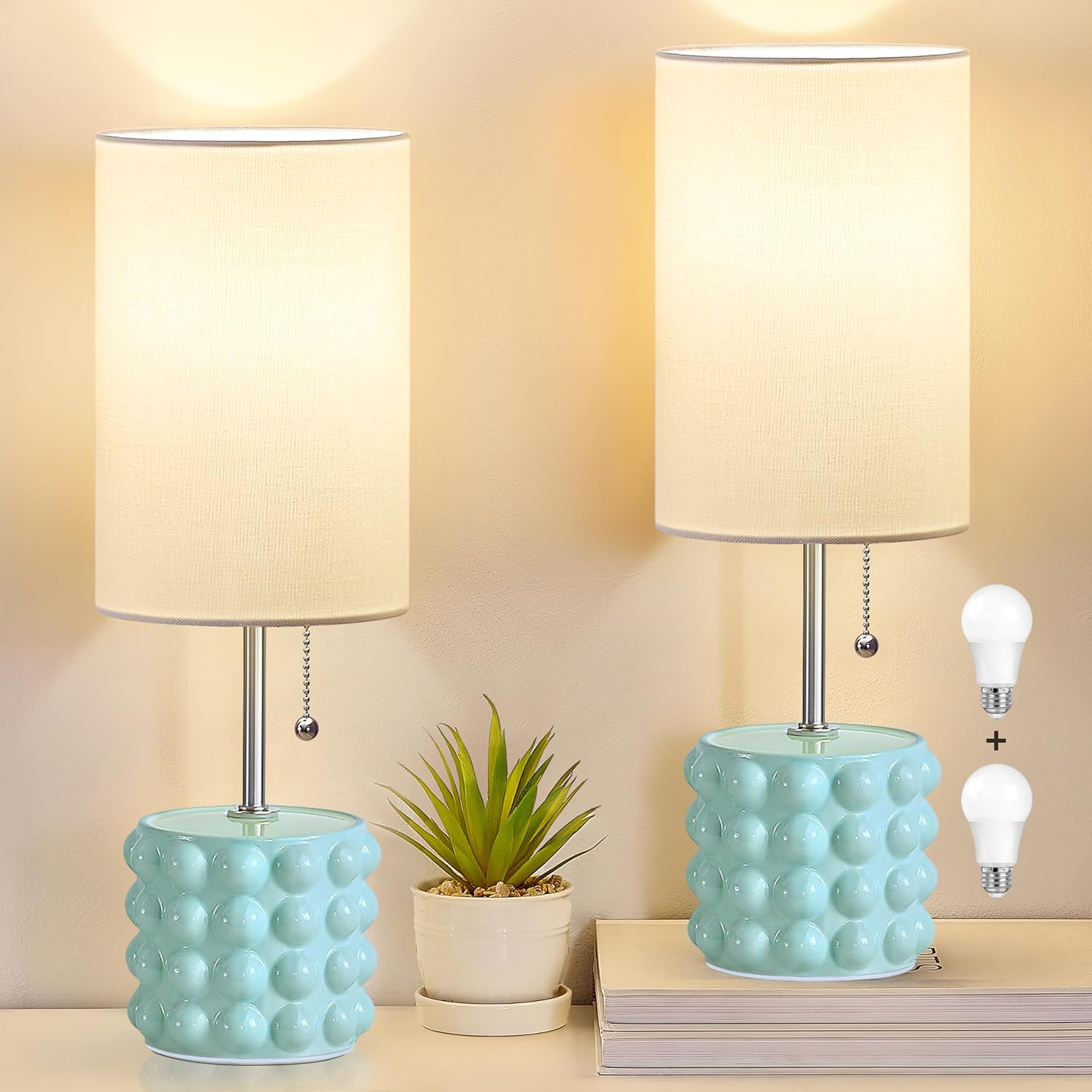 GyroVu Ceramic Table Lamp Set of 2, Small Bedside Table Lamps, Modern Pull Chain Nightstand Lamps with Fabric Shade, Blue Desk Lamp for Bedroom, Living Room, Home, Office, Reading, 2 Bulbs Included