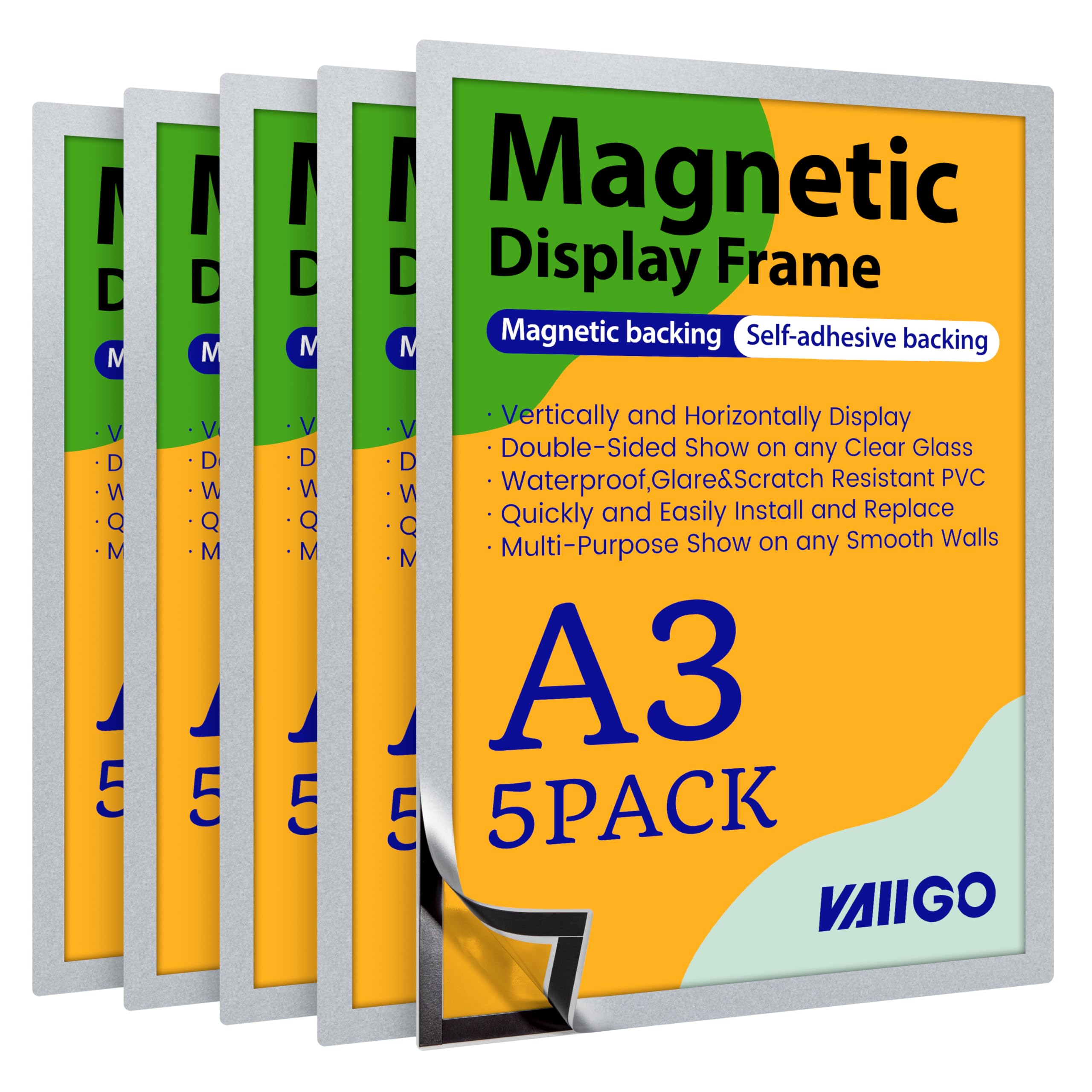 VAIIGO A3 Self-Adhesive Magnetic Display Frame, Magnetic Paper Holder with Strong Magentic Border for Signage, License, Photo, Notice, Document, Menu, Refrigerator Magnetic Frame (5Pack, Silver) — image 1