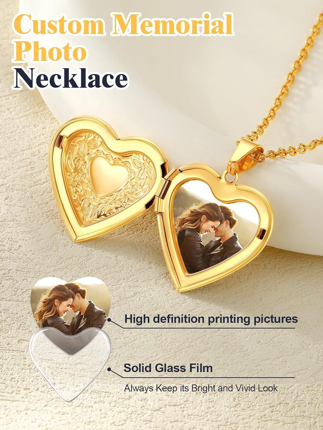 U7 Women Locket Necklace Platinum 14K Gold Photo Lockets that Hold Picture,Chain 20 Inch Personalized Gift Custom Love Heart Image Necklaces - Image 4