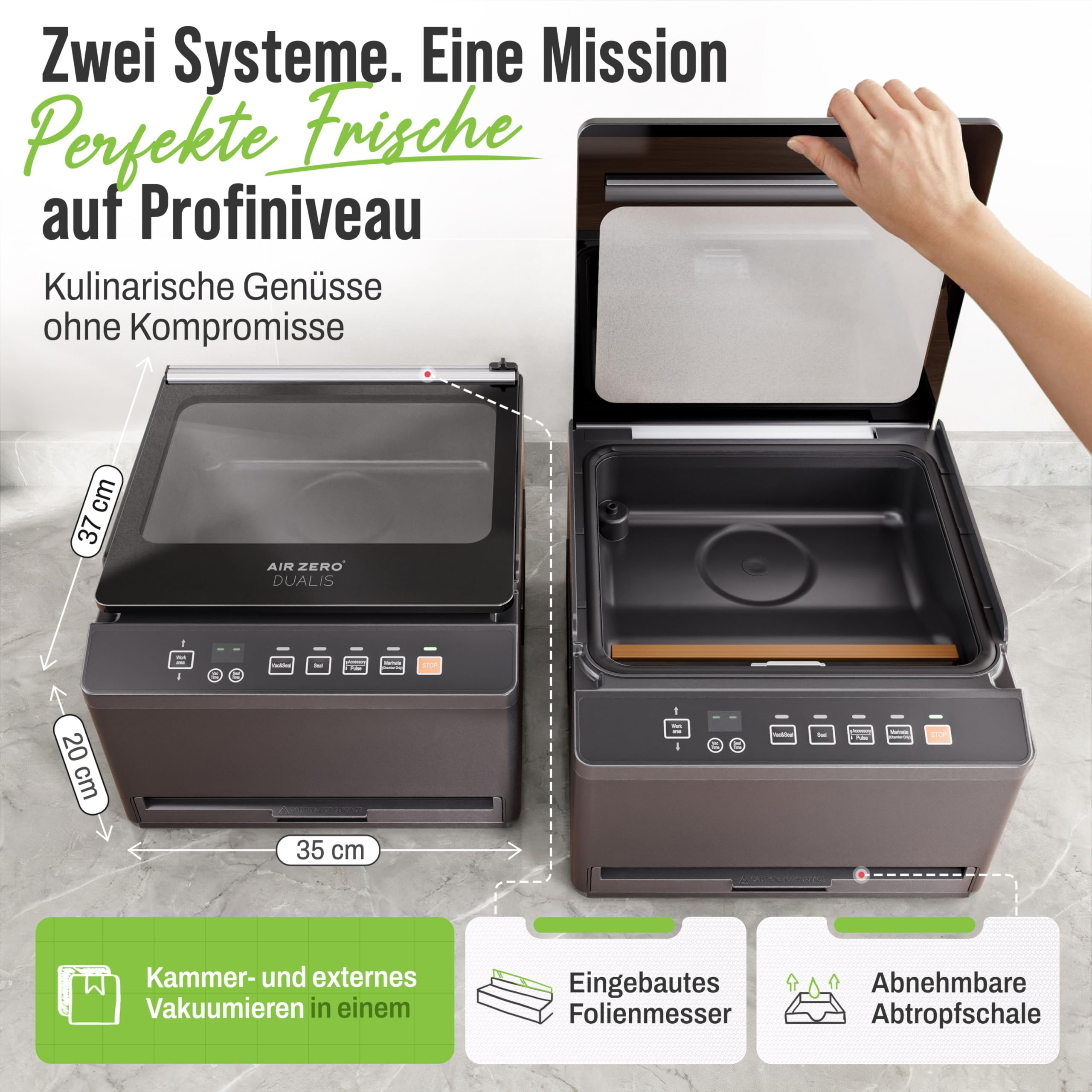 Air Zero Dualis Machine à emballer sous vide Premium | Système hybride avec chambre et mise sous vide externe en un | Pompe haute performance | Double soudure | Acier inoxydable et couvercle en verre