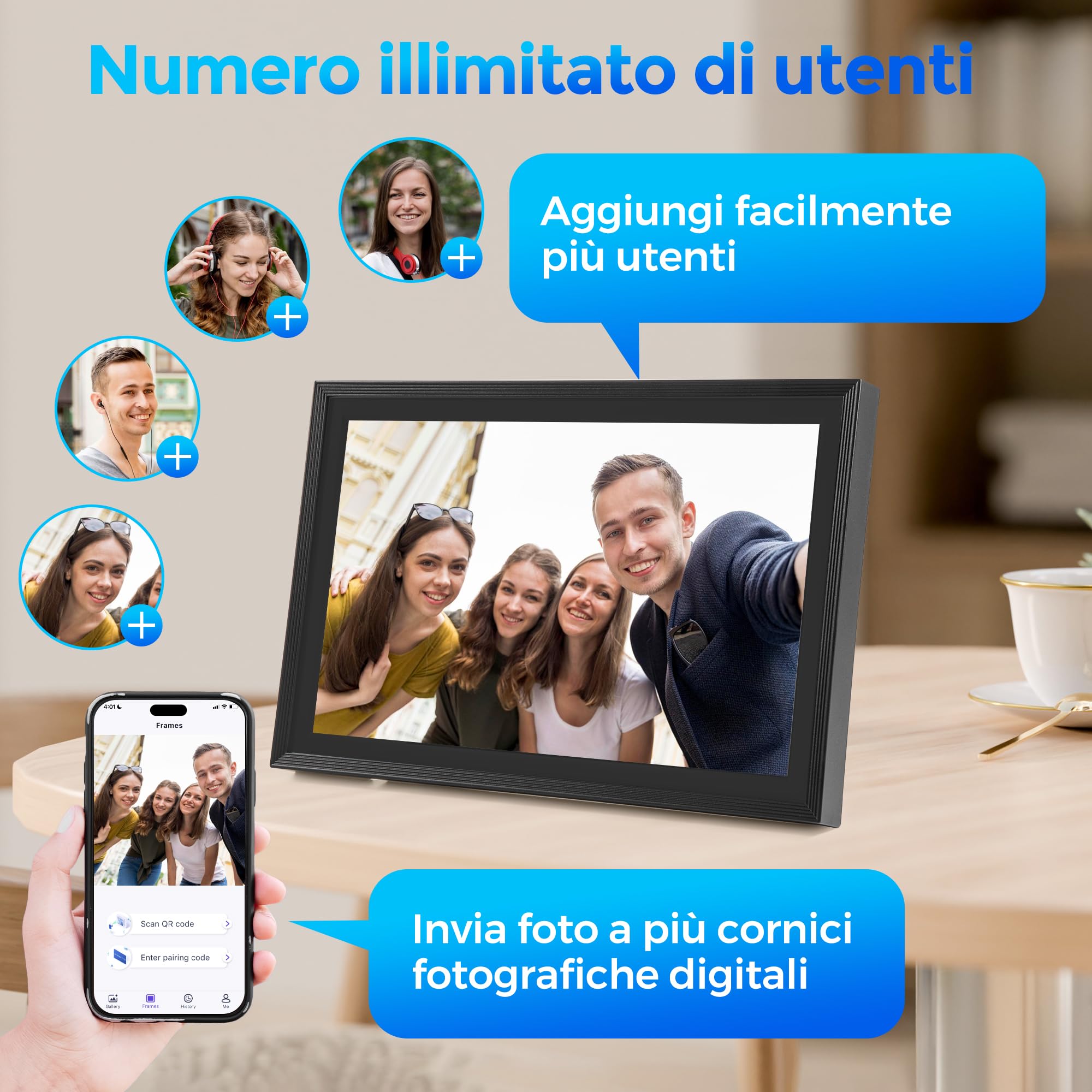Saaf Cornice Digitale – Touchscreen 10,1" – Wifi & App ‘Uhale’ – 64GB Memoria (32GB Interna + 32GB SD) – Cornice Digitale – Nero – Facile da Usare