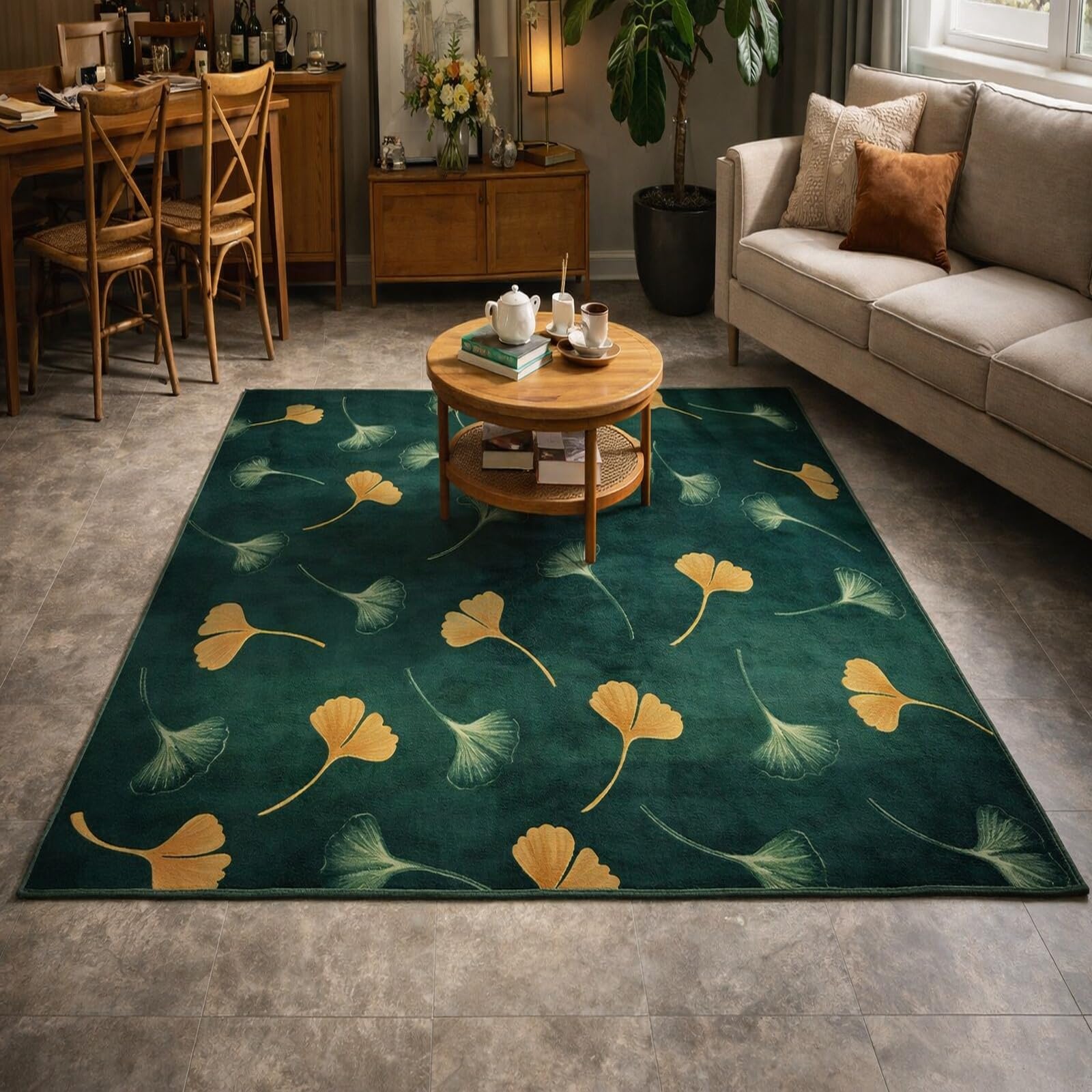 Moquette salon poils ras vert floral moderne et facile à nettoyer