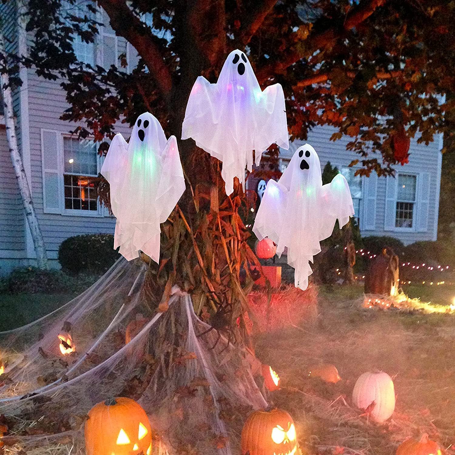 3 Pcs 31.5" Light Up White Hanging Ghost: Flying Ghosts with LED Lights Cute Decor for Halloween Outdoor Tree Yard Haunted House Decorations