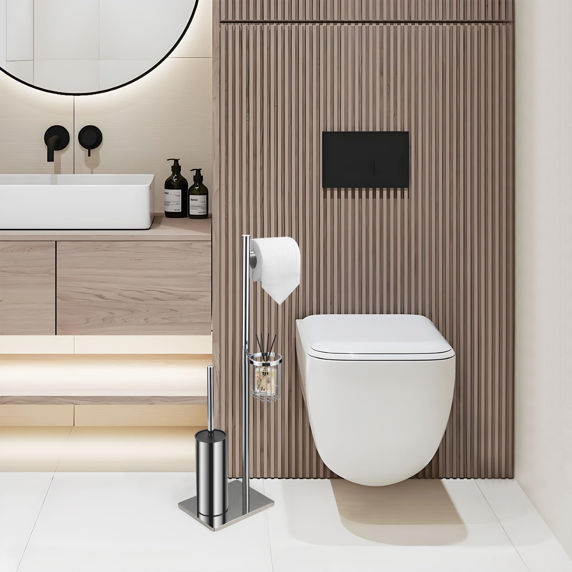 DAZI Brosse Toilettes WC métallique autoportante, Brosse WC avec 2 Balai Toilette WC pour Le Nettoyage en Profondeur de la Salle de Bain (Chrome)