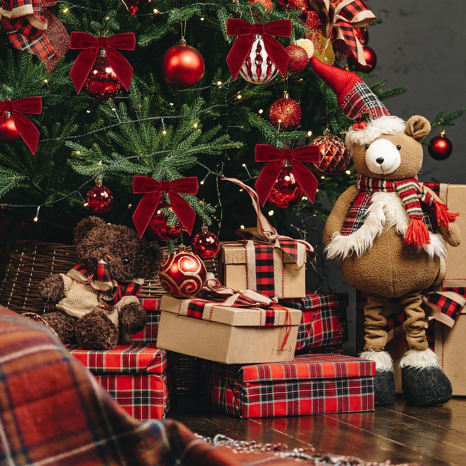 24 Pcs Red Velvet Christmas Bows for Christmas Tree & Wreath, 3.5"x3.5" Premium Nylon Ribbon Bows with Twist Wire Tie, Gift Wrapping Wedding Party Home Decor - Image 7