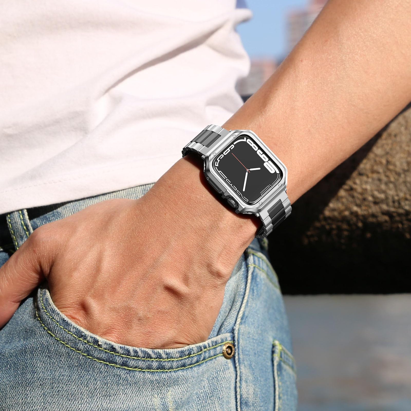 Kompatybilny z zegarkiem Apple Watch i etui, metalowy łańcuszek ze stali nierdzewnej z osłoną TPU do i-Watch Ultra Ultra2 Series 9 8 7 6 5 4 3 2 1 SE