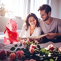 Vista 6 de IKASA Juguete de peluche de dinosaurio T-rex con corazón para el día de San Valentín, lindo y suave dinosaurio pequeño de 10 pulgadas, regalos