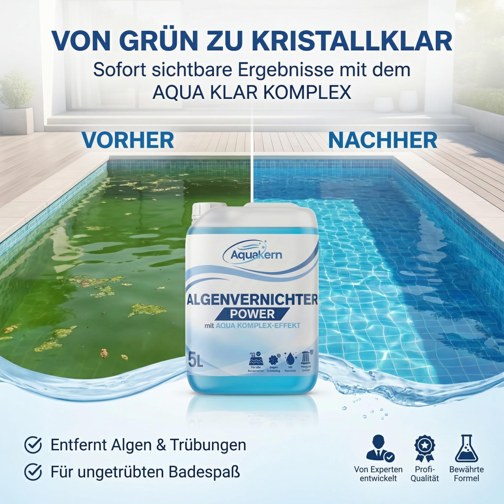 Härtestabilisator 5L & Algenvernichter Power 5L [entfernt Kalkablagerungen & Algen im Pool] mit Aqua KLAR KOMPLEX | Schützt die Pooltechnik | bindet Calcium & Metallionen | Made in Germany