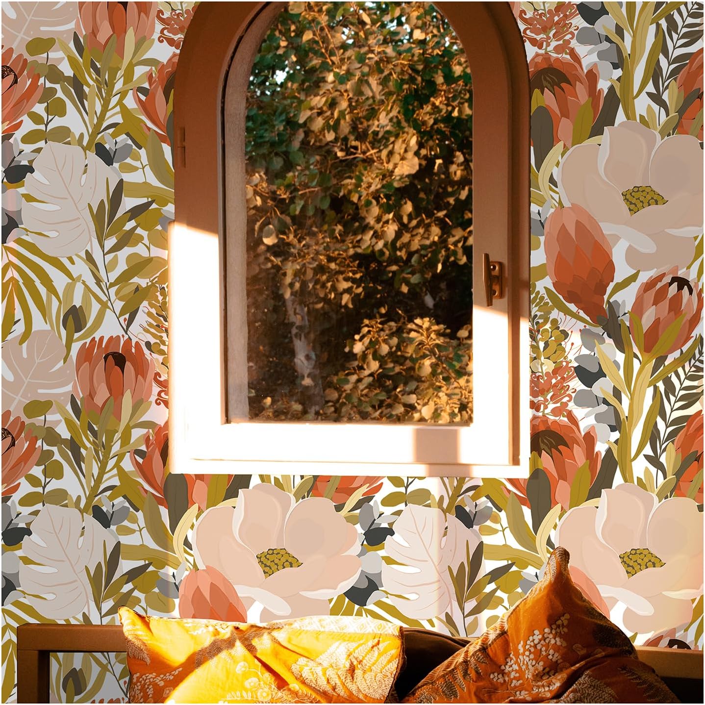 Floralplus Peel and Stick Wallpaper Floral Removable Wallpaper for Bathroom Boho Peel and Stick for Bedroom Vintage Protea Flower Contact Paper for Renter Home Decor 17.5 x 118 in