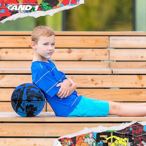 AND1 Street Art 27.5 Basketball : Youth Sized Rubber Streetball for Indoor and Outdoor Use, Deep Channel Construction and Durability, Ideal for Boys and Girls Ages 9-11, Includes 10 Pump